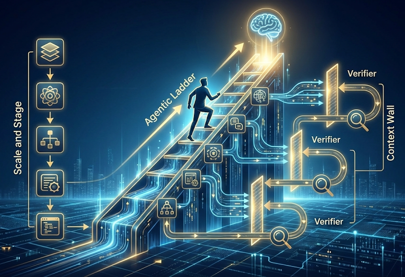 A digital human climbing a glowing ladder towards a brain icon, representing AI-assisted growth