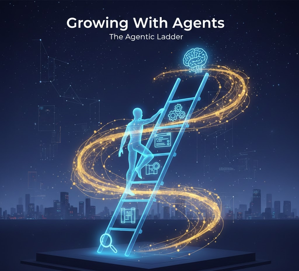 A digital human climbing a glowing ladder towards a brain icon, representing AI-assisted growth